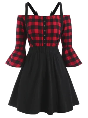 Plus Size Off Shoulder Plaid Top And Suspender Skirt Set